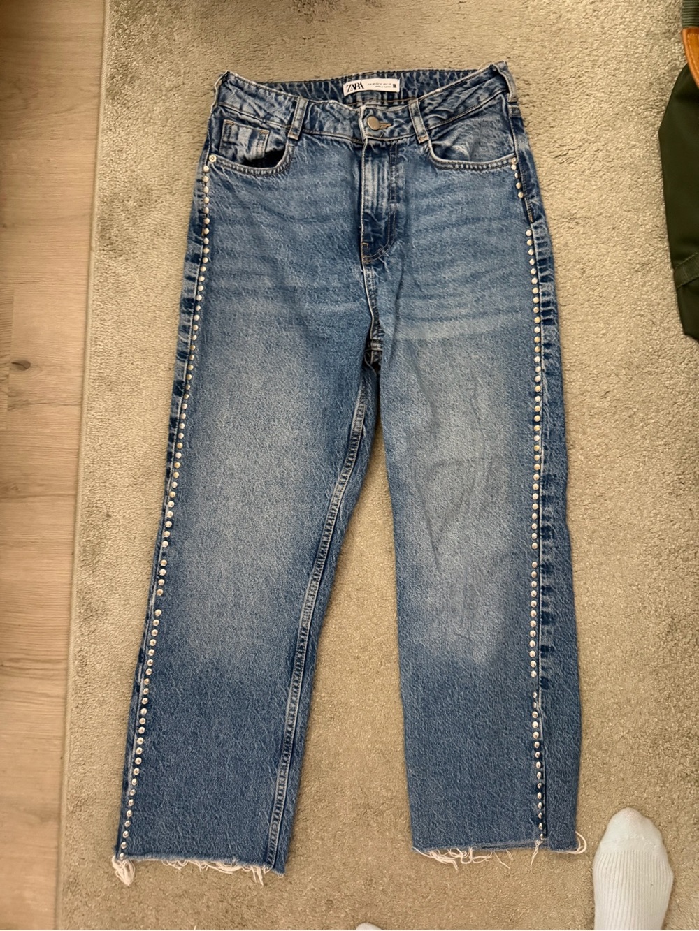 Zara Blue Straight-Leg Jeans with Studded Side Trim